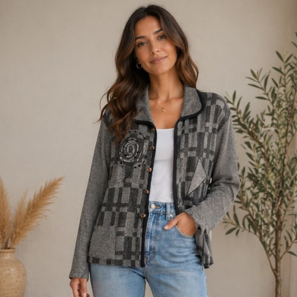 Nino Wong California Jacket Women's Size M Art to Wear Gray Pockets Vintage Boho